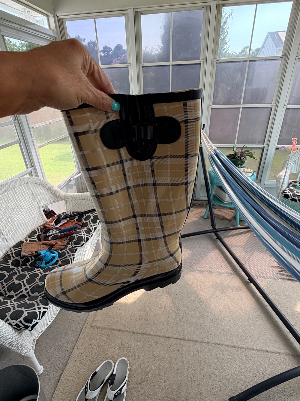 Plaid Rain Boots with Black Trim
